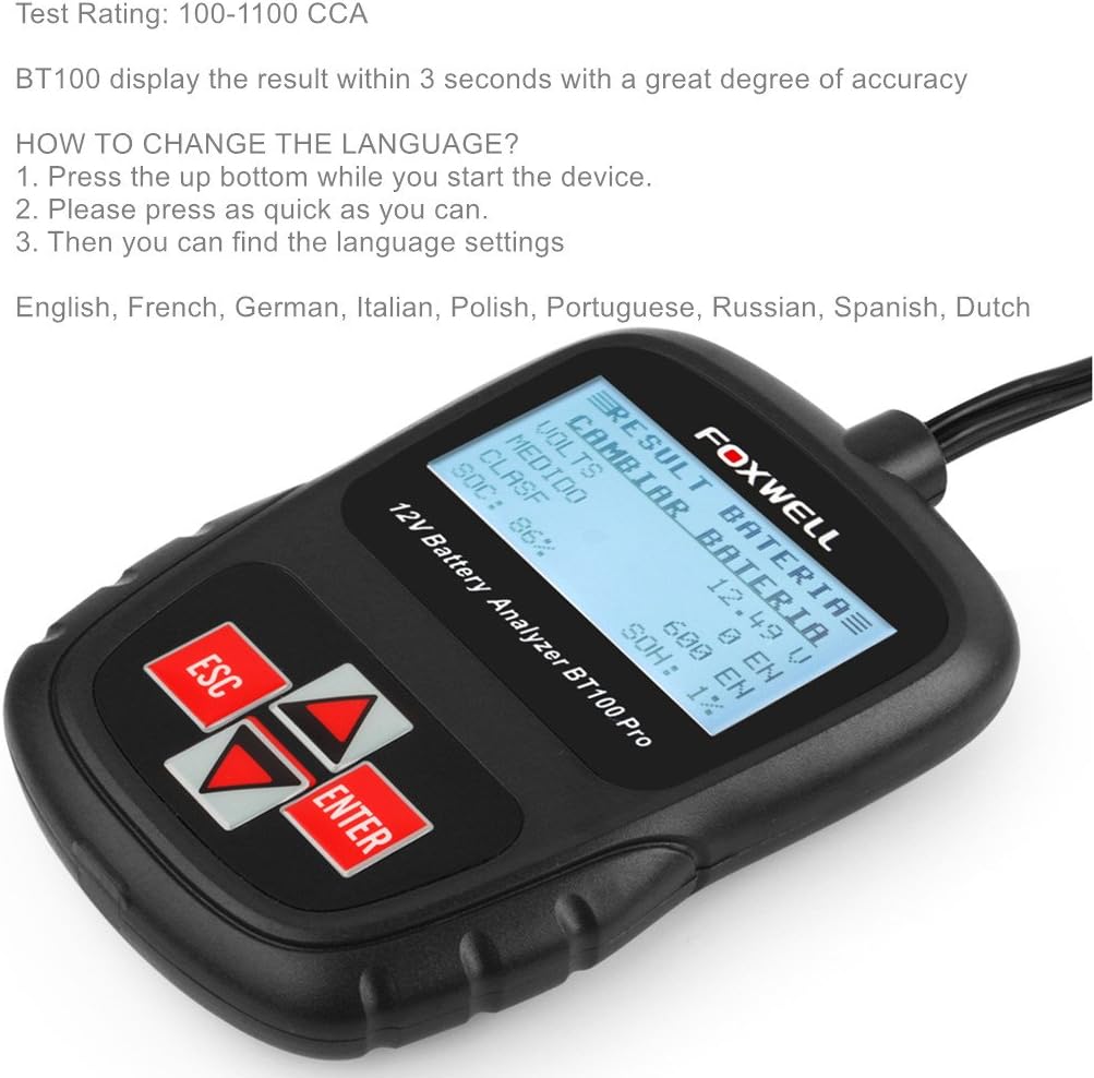 FOXWELL BT100 12 Volt Car Battery Tester 100-1100 Cold Cranking Amps Check Battery Life Health Directly Detect Bad Cell Battery Analyser - Image 3