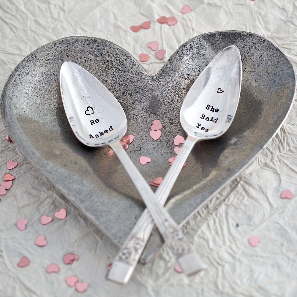 Engagement gift - Vintage hand stamped teaspoons - He asked/She said yes