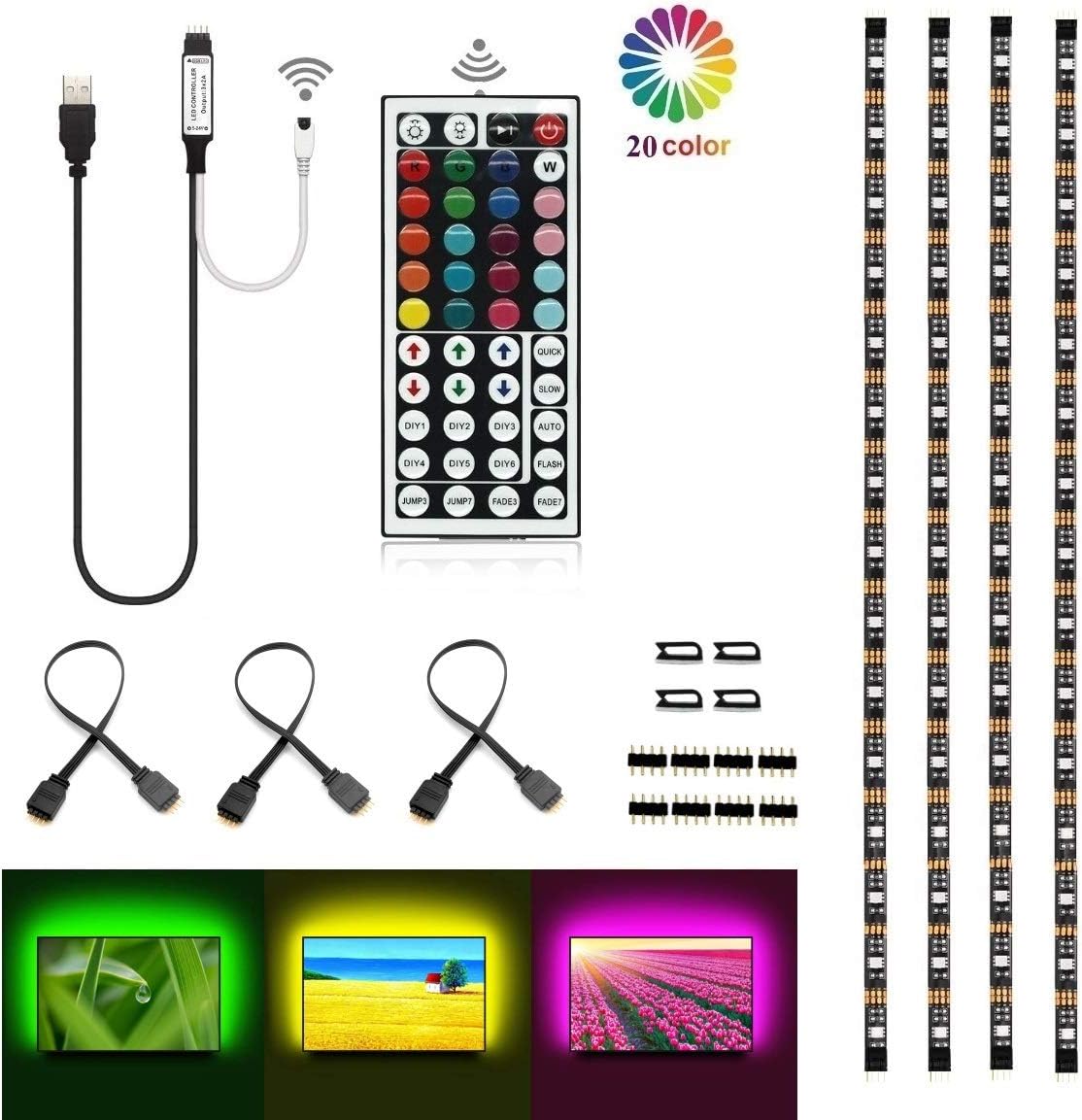LED TV Bcaklight, LEHOU 4x50cm USB Background Lighting Kit for HDTV,RGB Muti-Color Bais Strip Light with 44 Key Remote Control Home Theater, PC Monitor, Desktop