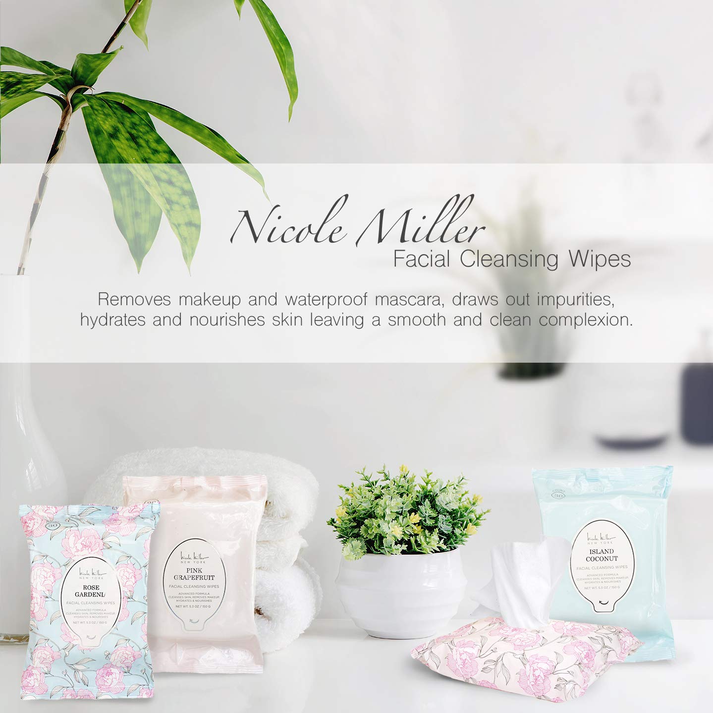 Nicole Miller 4 Pack Facial Cleansing Wipes (30 Count Each), 120 Facial Cleansing Cloths, Removes Makeup, Mascara, Dirt and Oil (Sweet Jasmine, Rose Gardenia, Pink Grapefruit & Island Coconut): Beauty