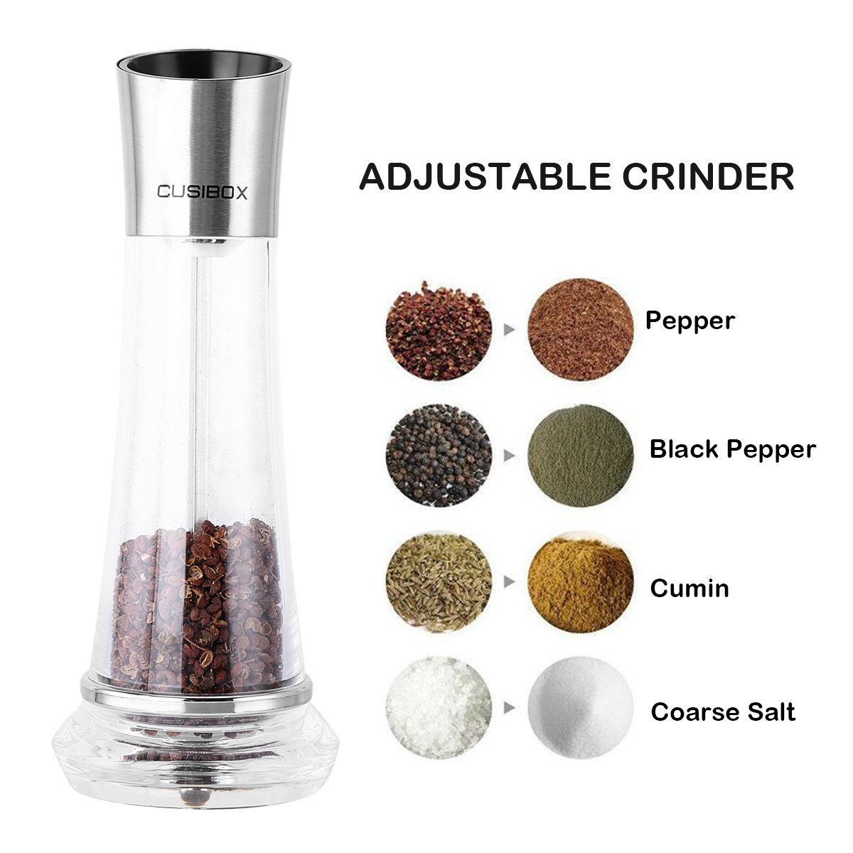 Manual Salt or Pepper Grinder, CUSIBOX Stainless Steel Salt and Pepper Mill Grinder Shaker with Adjustable Coarseness