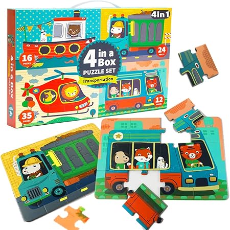 Amazon Corper Toys ジグソ パズル 4in1 木製パズル パズルおもちゃ はめ絵 4種類レベル かわいい 動物 車 シリーズ カラフル クリスマス プレゼント 男の子 女の子 木製パズル おもちゃ