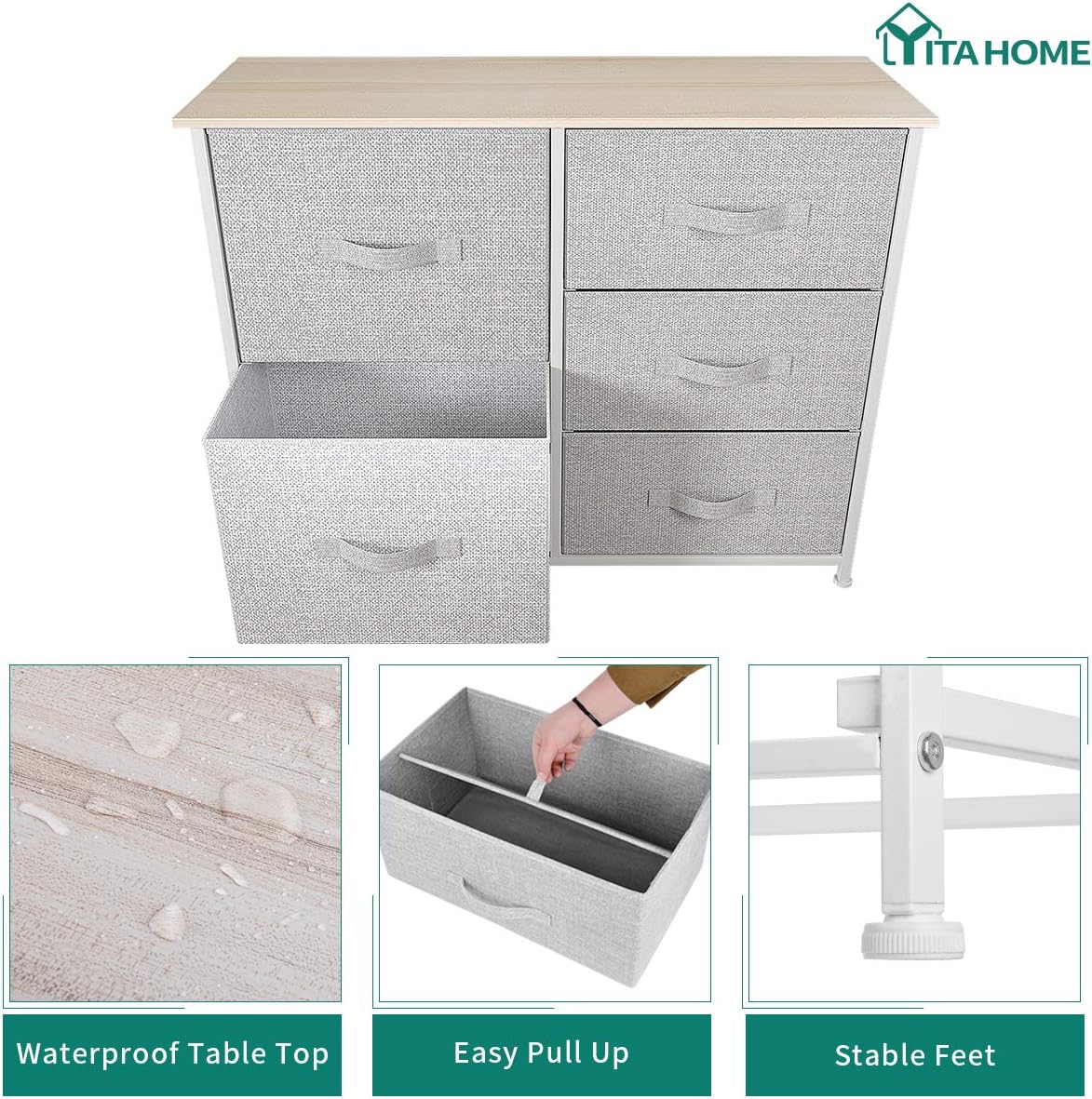 YITAHOME Dresser with 5 Drawers - Fabric Storage Tower, Organizer Unit for Bedroom, Living Room, Hallway, Closets & Nursery - Sturdy Steel Frame, Wooden Top & Easy Pull Fabric Bins: Home Improvement