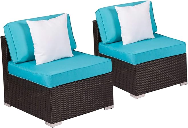 Amazon Com Kinsunny 2 Pcs Outdoor Furniture Add On Armless Chairs For Expanding Black Wicker Sectional Sofa Set W Turquoise Thick Cushions For Garden Pool Backyard Kitchen Dining