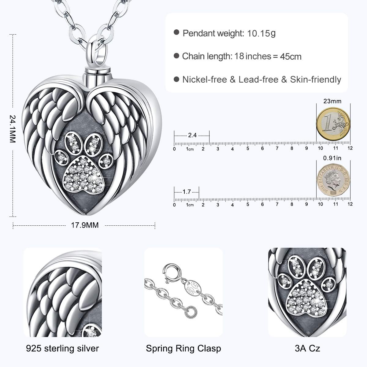 Eusense Urn Necklace for Ashes 925 Sterling Silver Cremation Jewellery for Dog Ashes Paw Memorial Jewelry That Holds Pictures - Image 5