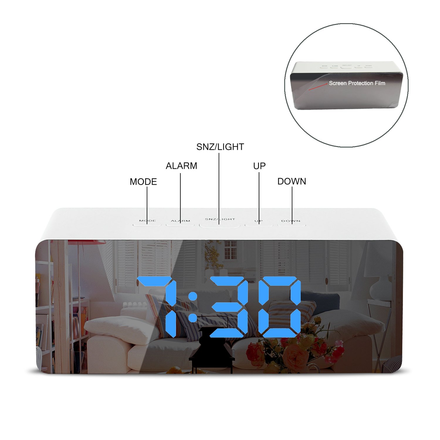 Shayson Digital Alarm Clock, LED Display Clock Best Makeup Bedroom Mirror Travel Alarm Office Bedroom Clock, Dual Alarm With Snooze, Dimmer Control, Support Battery Powered And With Usb Port-Blue
