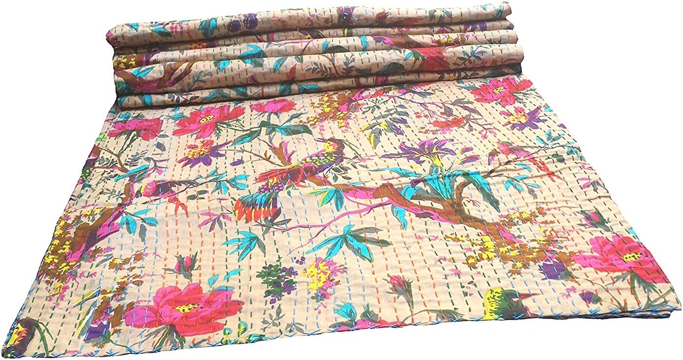 100% Cotton Bird Print Twin Size Indian Kantha Quilt Traditional Handmade Blanket Lightweight Bed Cover Bedspread Bedding Bohemian Décor 90X60 Inches