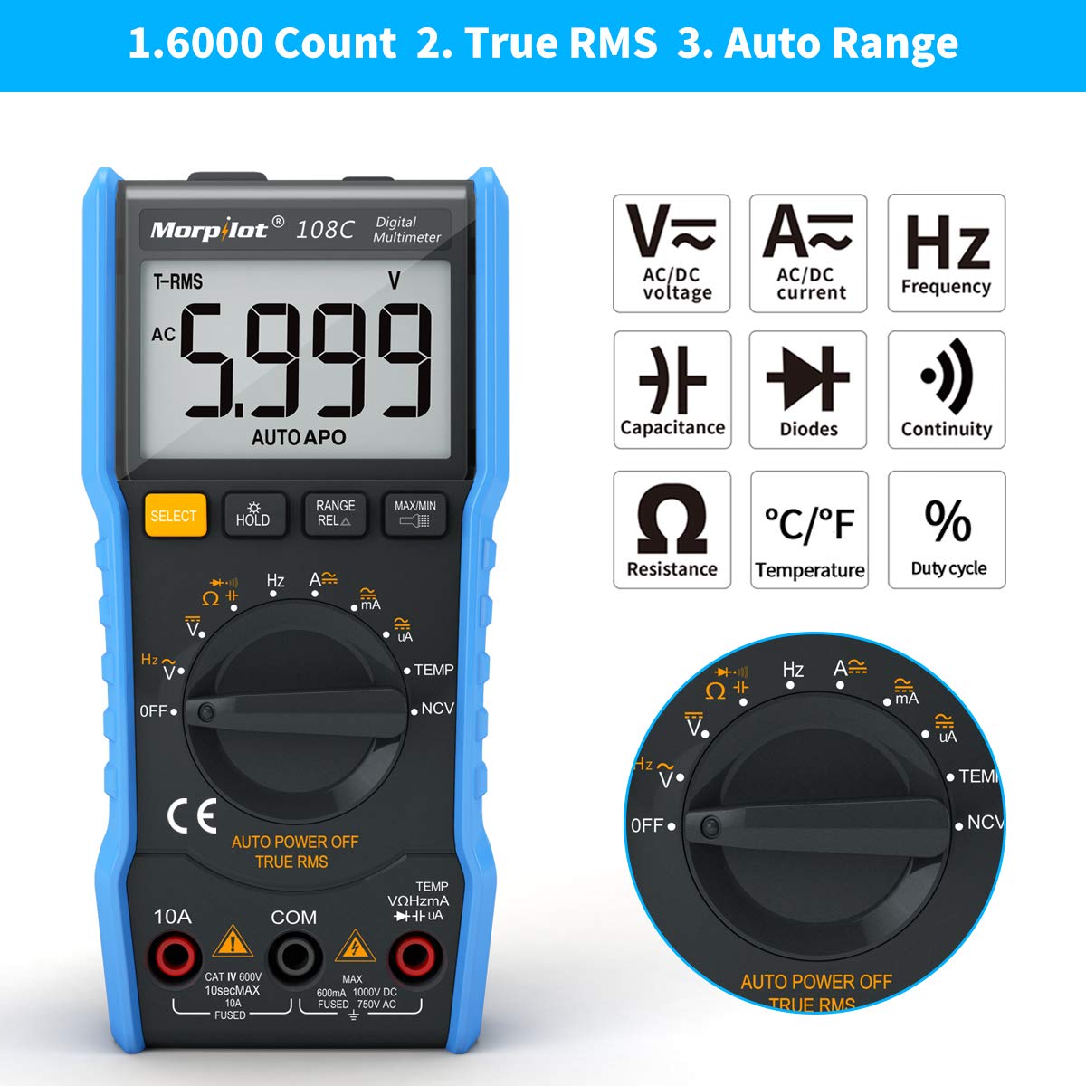Keenstone Digital Multimeter,TRMS 6000 Counts Manual and Auto Ranging;Pocket Size Flashlight Measures Voltage Tester,Current,Resistance,Continuity,Frequency;Tests Diodes,Transistors,Temperature