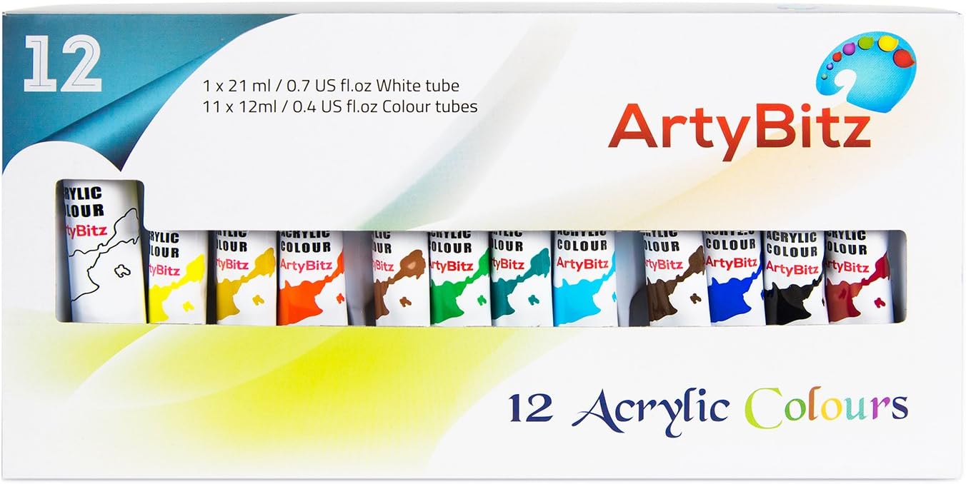 Acrylic Paint Set of 12 Vibrant Colors from ArtyBitz. Quality Non Toxic Paints for use on any number of surfaces. Suitable for Kids & Beginners to Professional Artists