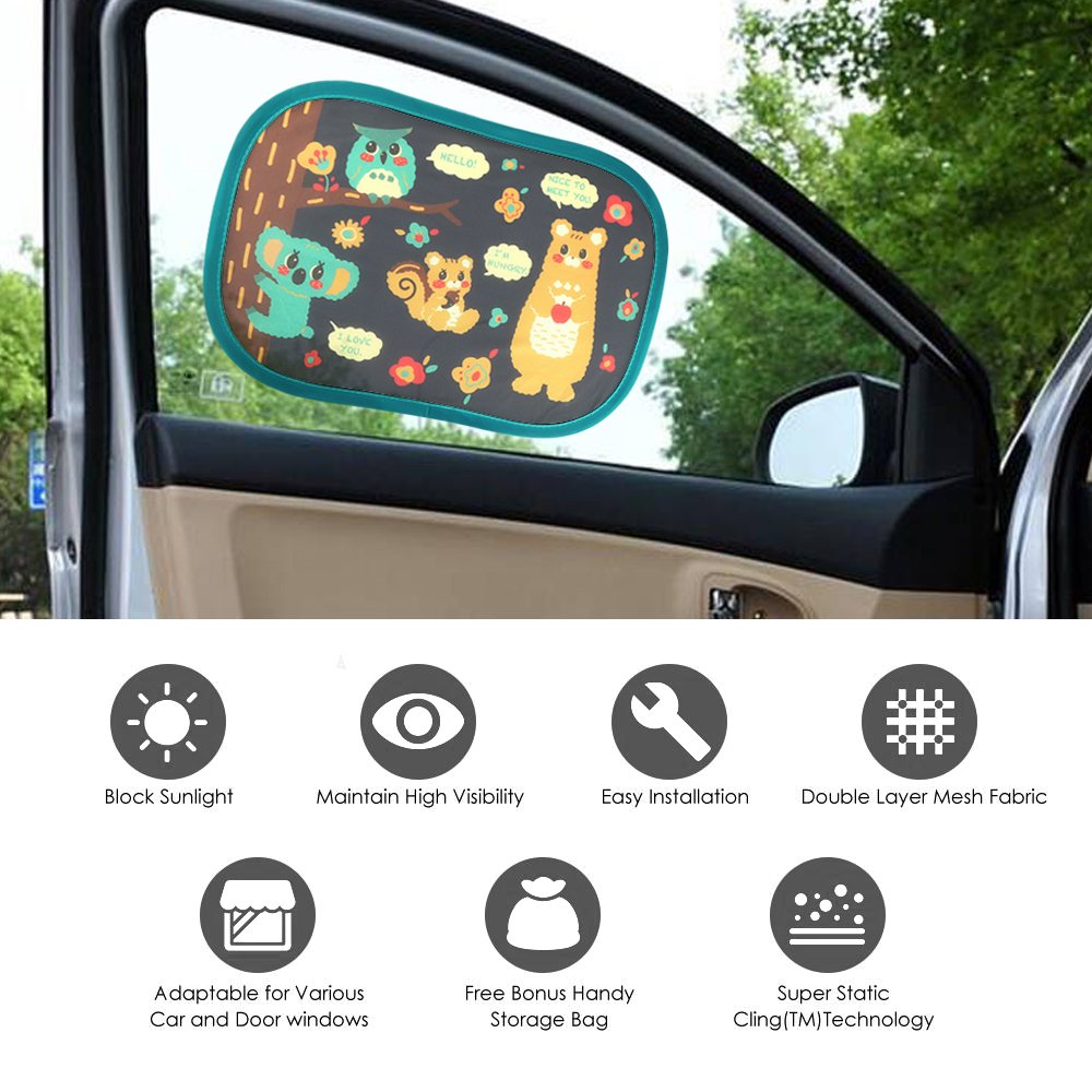 Auto Sonnenschutz Kinder,2 Stück Selbsthaftende Baby Sonnenblende Auto Waldparty Design Sonnenschutz mit uv Schutz vor Hitze & UV Strahlen für Auto Seitenscheiben