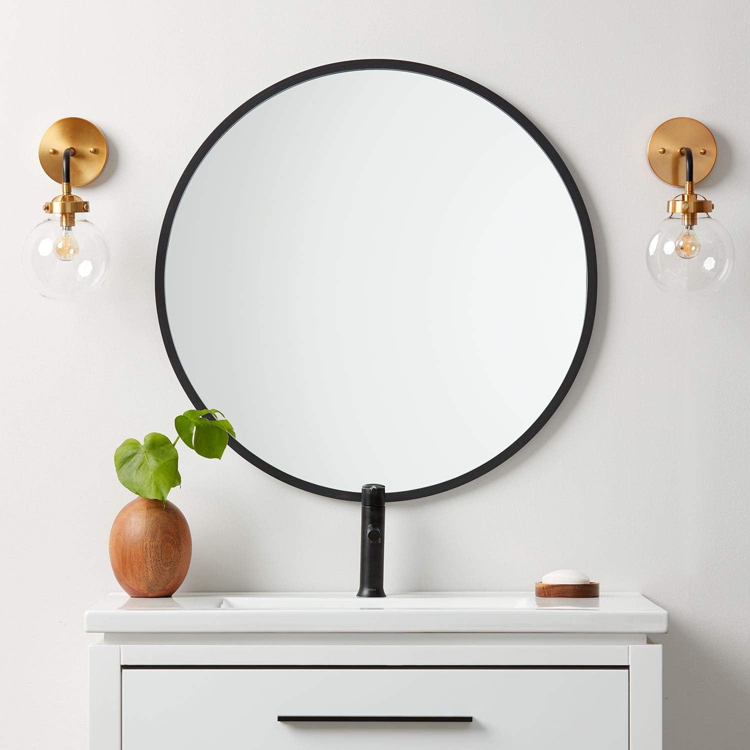 Better Bevel 30” x 30” Black Rubber Framed Mirror | Round Bathroom Wall Mirror: Kitchen & Dining