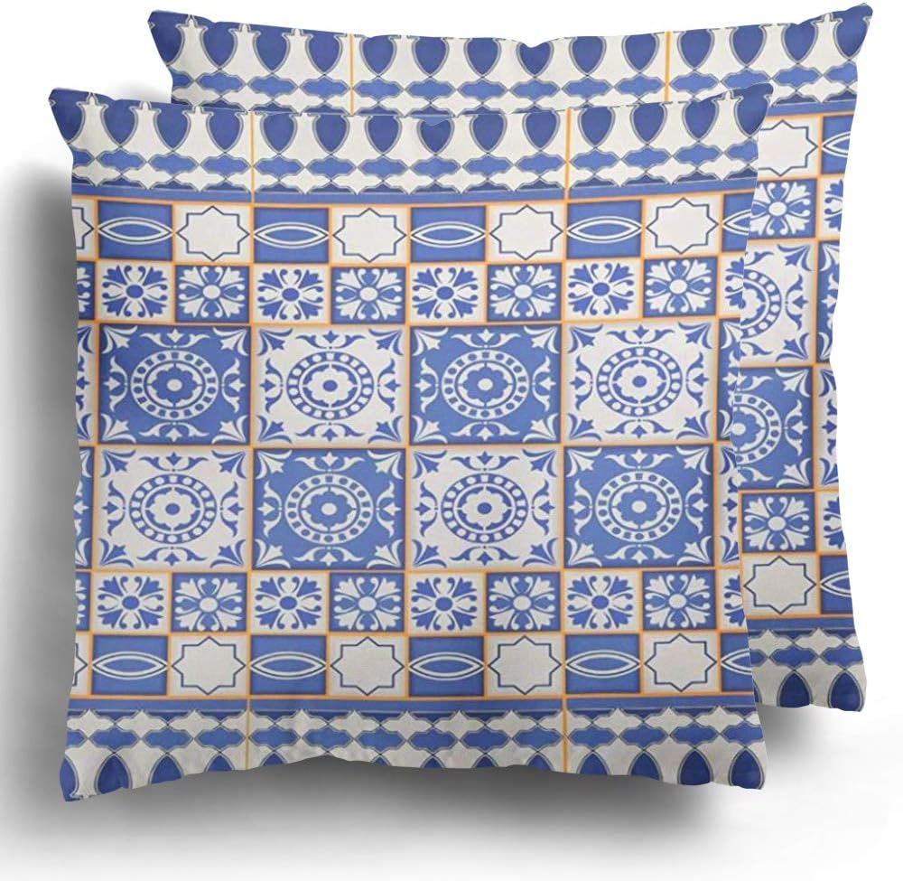 Staropor Throw Pillow Covers Set of 2 Blue Indigo Gorgeous from Tiles and Border Moroccan Portuguese Azulejo Ornaments Pattern Fills Arabesque Cushion Case Couch Bed Home Decor 20 x 20 Inches