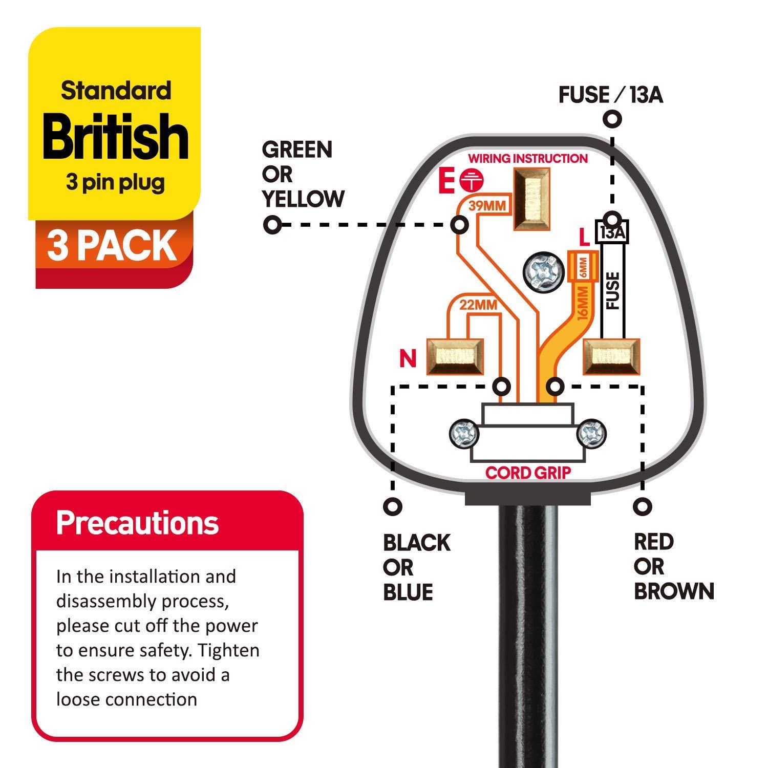 UK 3 Pin Plug 13A Fused Mains Plugs for Security Lights Floodlights