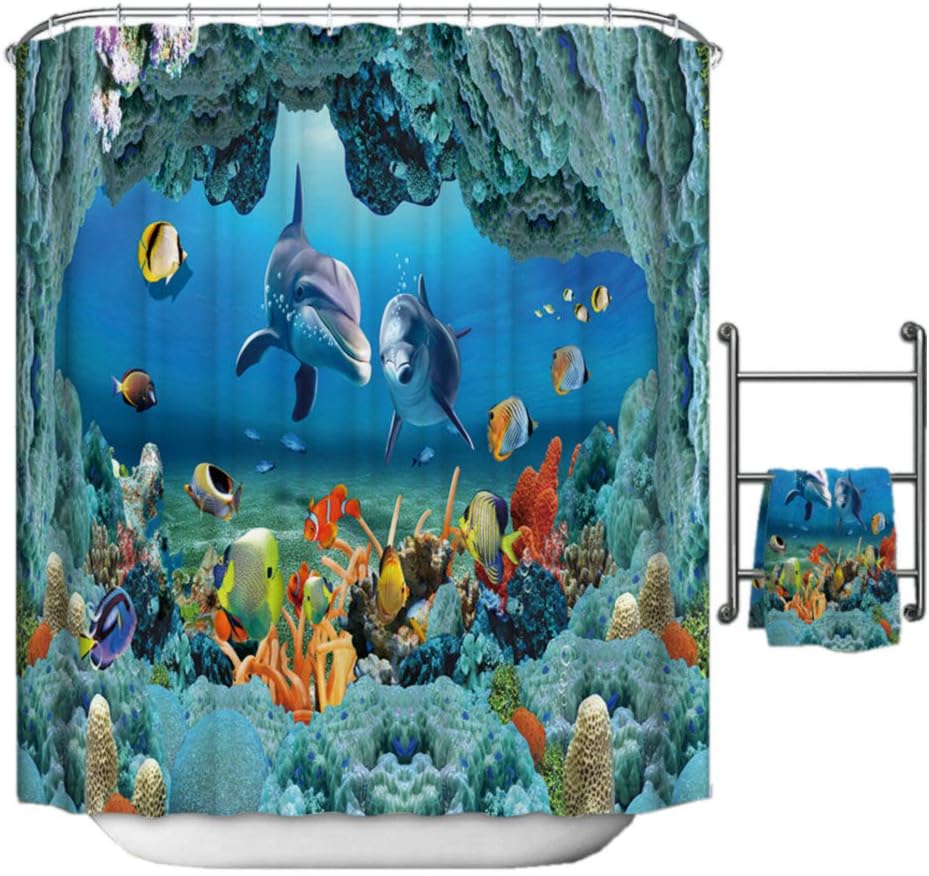 Fangkun Shower Curtain Ocean Style Underwater World Dolphin 3D Printing Bath Curtains - Polyester Fabric Bathroom Decor Set - 12PCS Shower Hooks - 72 x 72 inches