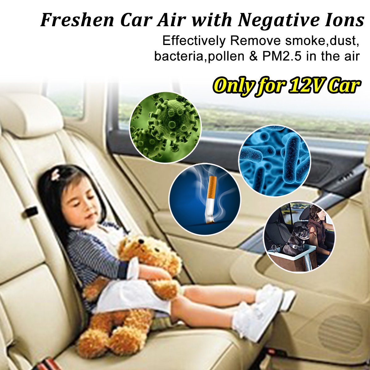 Car Air Purifier Air Freshener 2-in-1 Ionic Air Purifier Ionizer Deodorizer with Dual USB Cellphone Charger Remove Dust, Pollen, Smoke, Mold,Food & Pet Smell, Bacteria,Odors, Portable Travel Charger