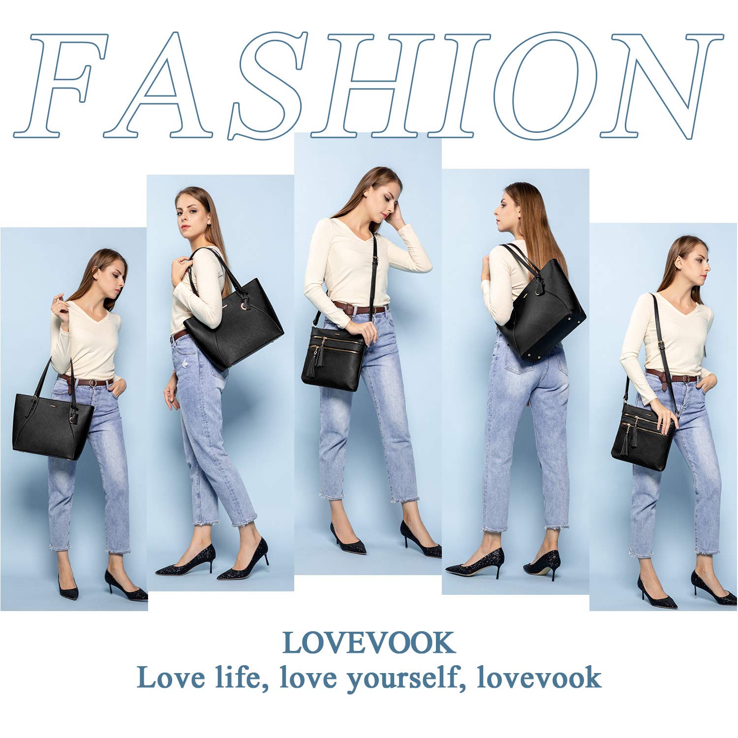 LOVEVOOK Handtaschen Damen Set, Tasche für Damen Umhängetasche Schultertasche Geldbörse Cross Body Bag Shopper Henkeltasche Tote Tasche 3PCS PU Leder Schwarz