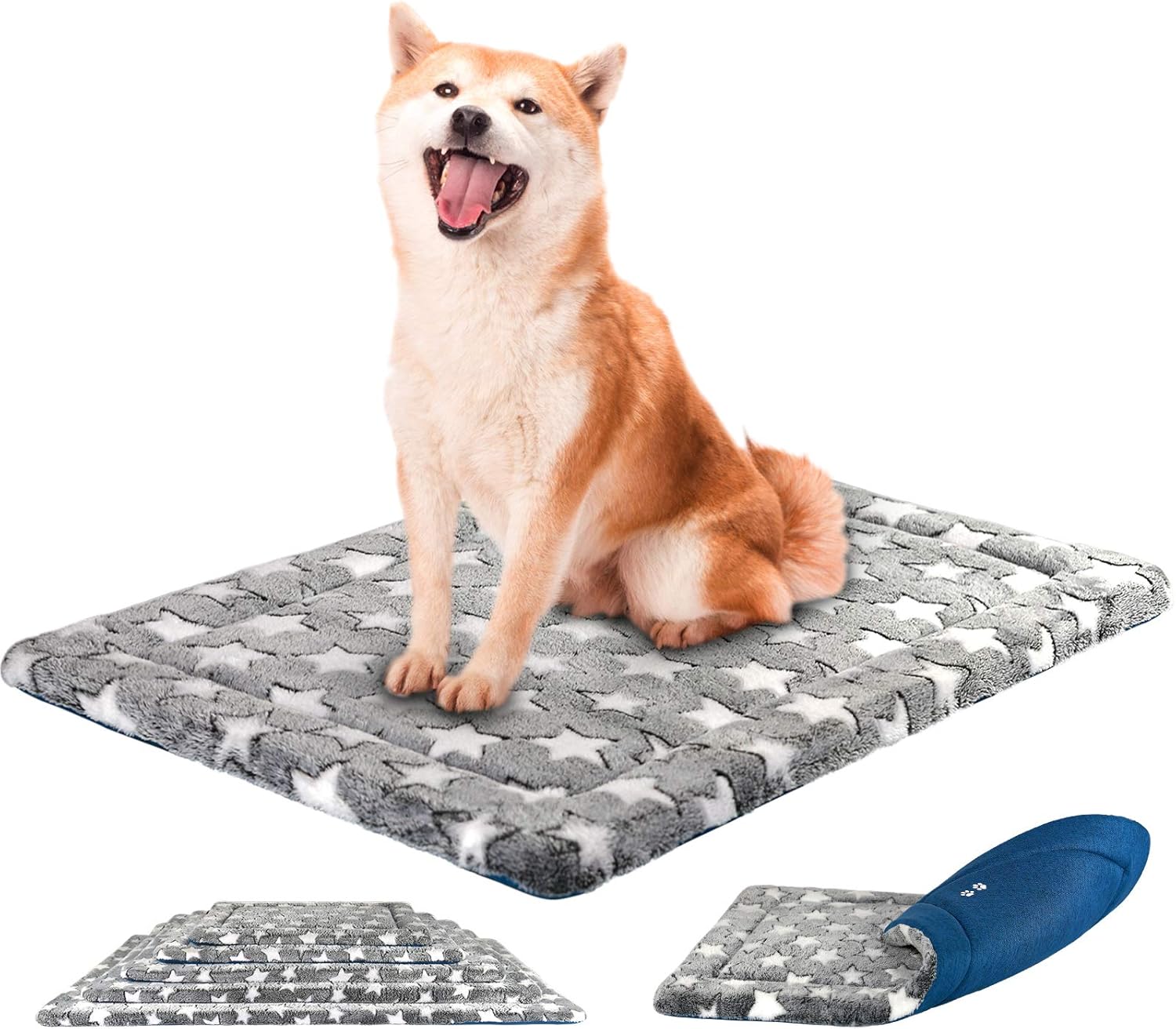KROSER Reversible Cool & Warm Dog Crate Mat - 91x61cm, Machine Washable, High Density Foam, Grey Blue, Grey/Blue