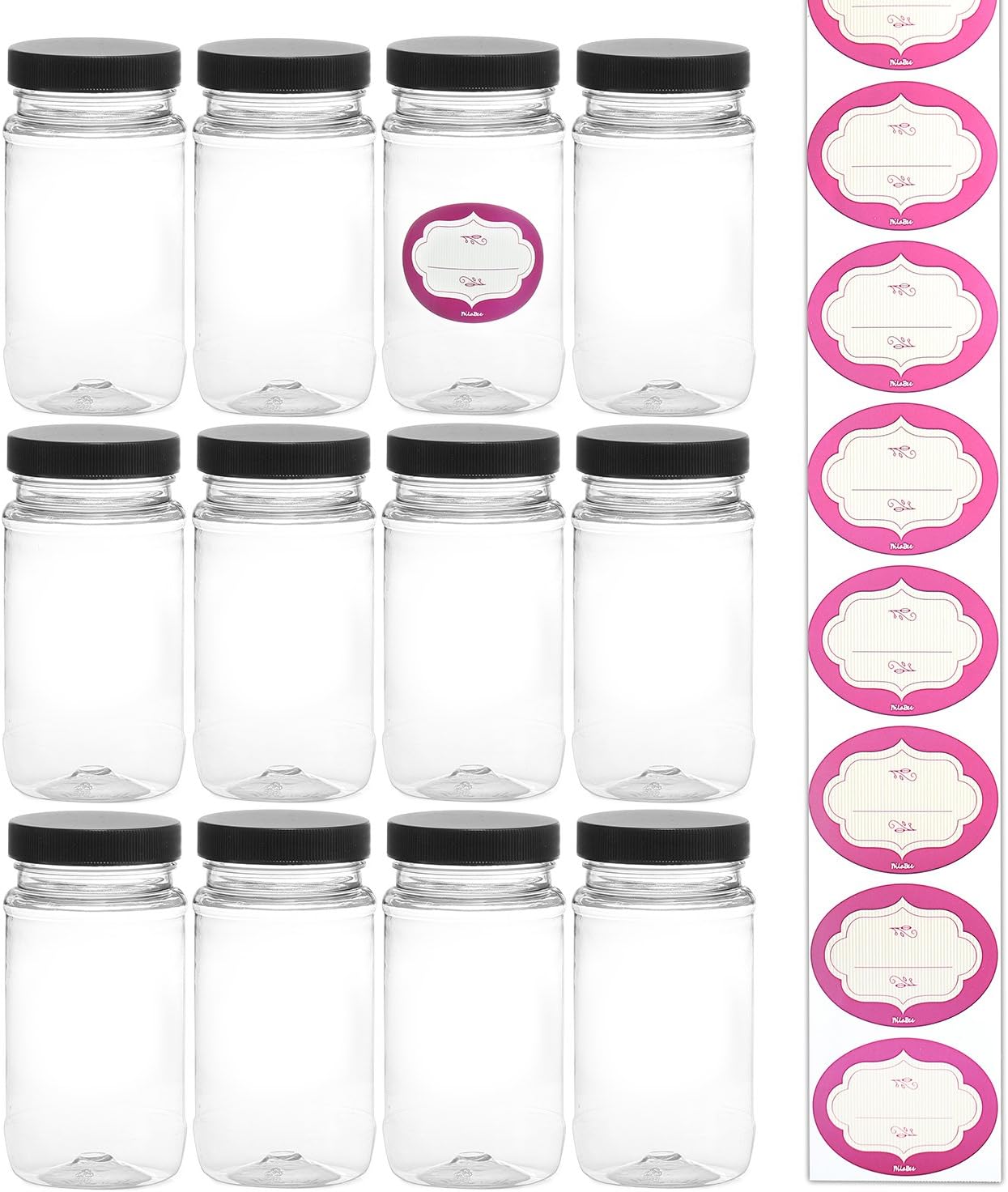 8 Ounce Tall Empty Plastic Jars With Scren Lids & Labels12 Pack Bpa Free Airtight ContainersFood Grade Refillable HolderIdeal For Kitchen Storage Candy, Crafts, Beauty & Cosmetic