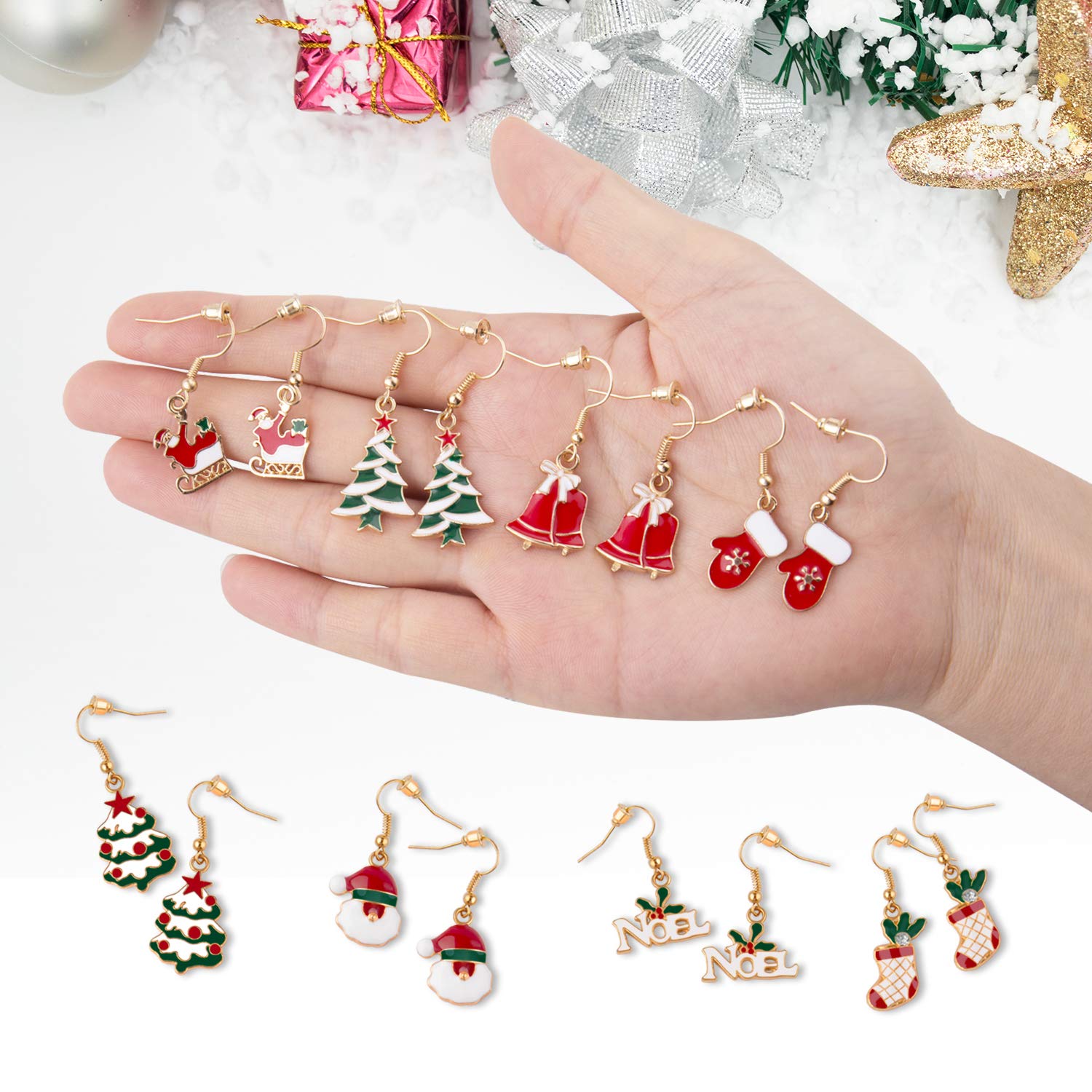 Christmas Earrings Set gifts for Womens Girls Thanksgiving Xmas Jewelry Snowman Hand Sock Santa Claus Christmas Tree Bell Drop Dangle Earrings Holiday Jewelry