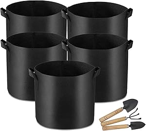 SURPRIZON 5-Pack Plant Grow Bags, Heavy Duty Thickened Nonwoven Fabric Pots Grow Bags with Handles, Garden Tools Set - Wood Handle Metal Gardening Trowel, Tine Cultivator, Transplanted (3 Gallon)