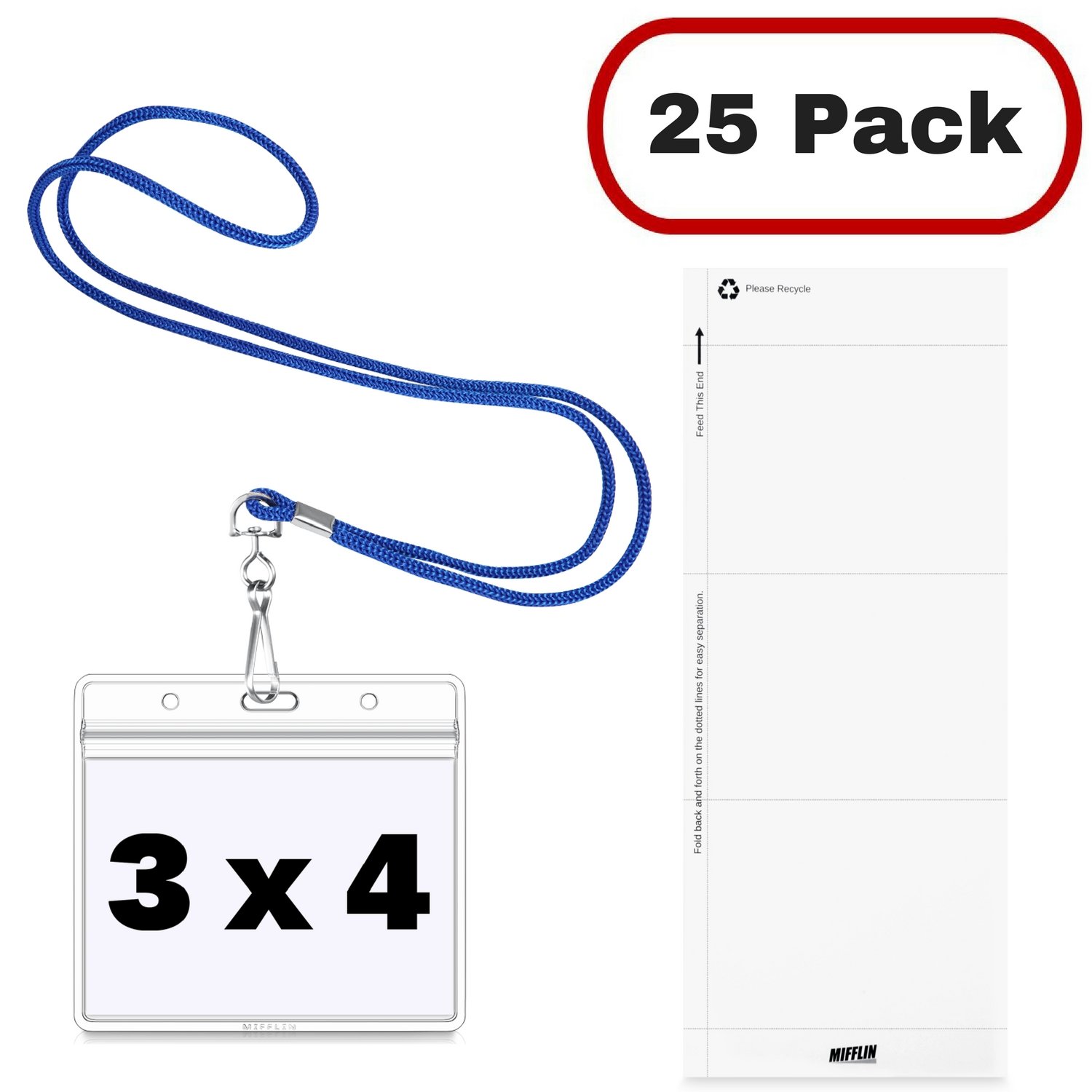 MIFFLIN Lanyard with Horizontal ID Holder Includes Paper Inserts