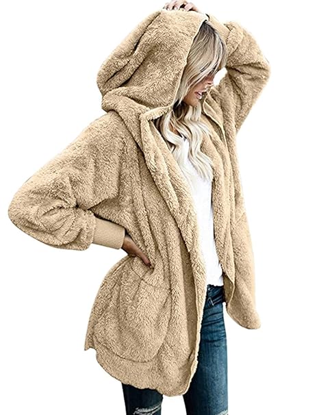 Flabor Damen Mantel Plüsch Winter Warm Plüschjacke Winterjacke Strickjacke Outwear Cardigan Langarm Teddy-Fleece Coat mit Kap