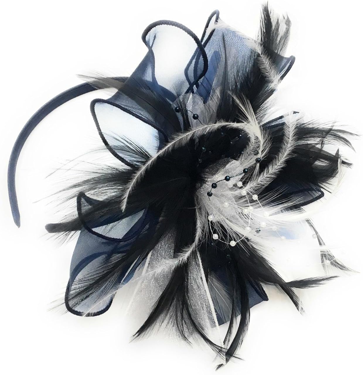 Caprilite Fashion Navy Black and White Chiffon Feather Fascinator