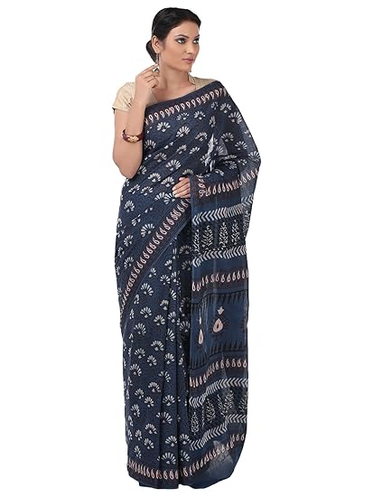 Finest Quality Cotton - Handmade Tarapur Print - Indigo Dabu with Bagh - Block Print Saree with Blouse Piece