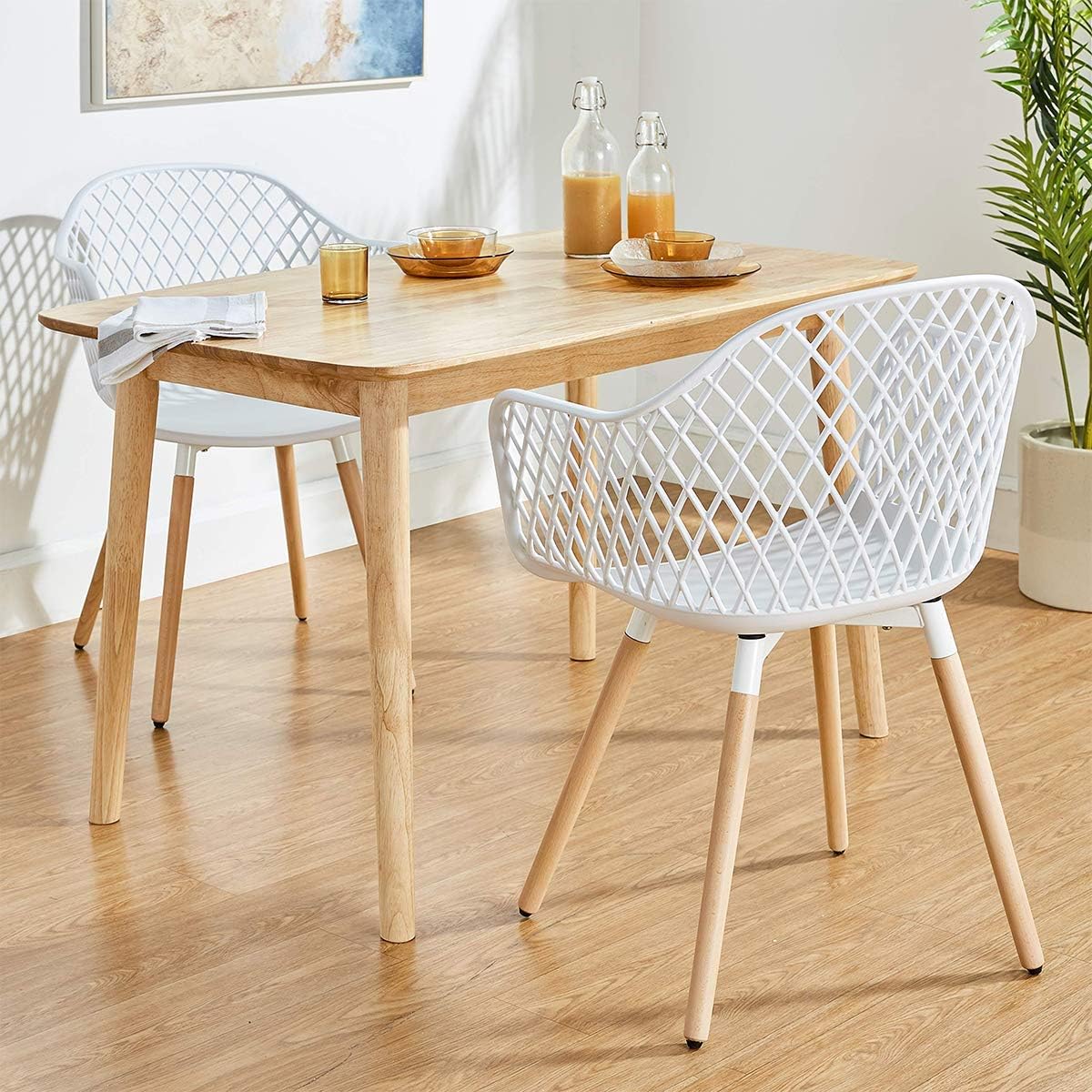 CangLong Modern w/Natural Wood Legs Easily Assemble Mid Century Molded Plastic Shell Arm Hollow Out Chair for Living, Bedroom, Kitchen, Dining, Waiting Room, White - Chairs