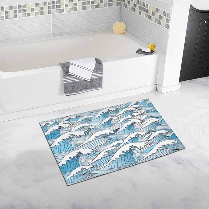 Ocean Sea Blue Waves Home Decor Non Slip Bath Rug Set Absorbent Floor