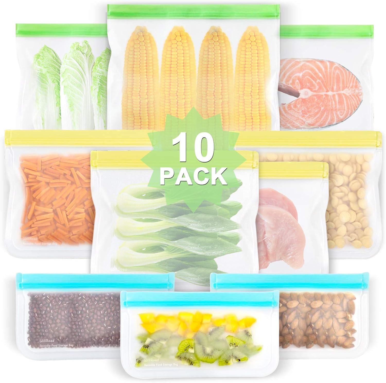 Reusable Food Storage Bags, 10 Pack EXTRA THICK Food Grade BPA FREE Leakproof Freezer Bags (3 Reusable Gallon Bags, 4 Reusable Sandwich Bags, 3 Snack Bags) Seal Bag for Travel Items, by WILLROAD