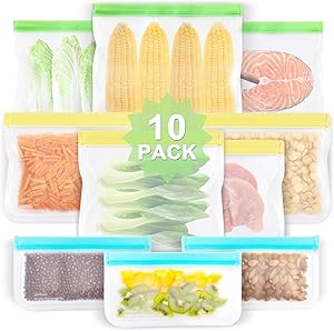 Reusable Food Storage Bags, 10 Pack EXTRA THICK Food Grade BPA FREE Leakproof Freezer Bags (3 Reusable Gallon Bags, 4 Reusable Sandwich Bags, 3 Snack Bags) Seal Bag for Travel Items, by WILLROAD