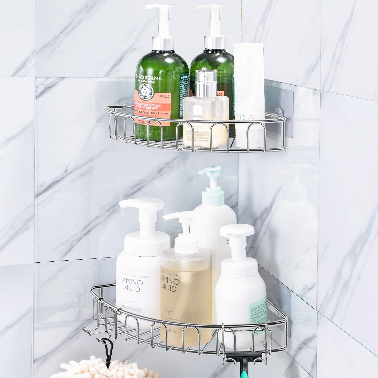 Orimade Adhesive Corner Shower Caddy Shelf with 2 Movable Hooks,Shower Caddy No Drilling Wall Mounted Bathroom Accessories SUS304 Stainless Steel 2 Pack - Image 5