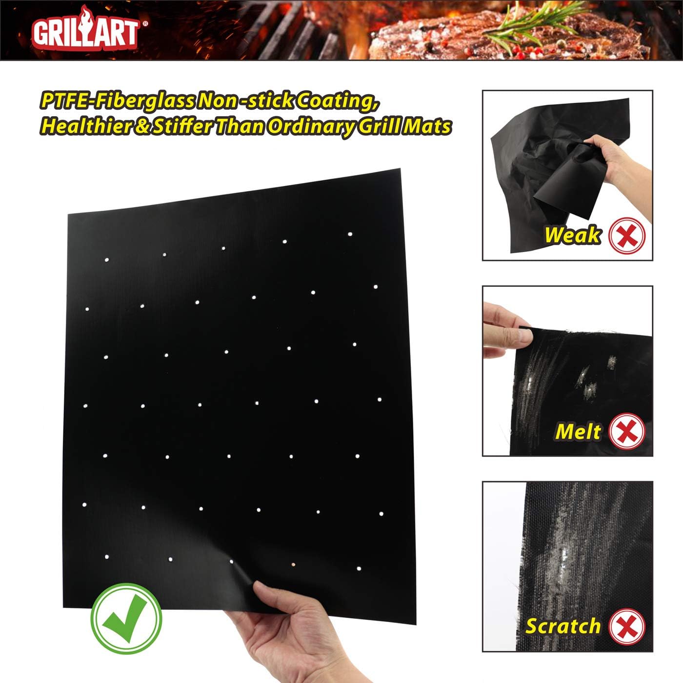 GRILLART BBQ Grill Mat, Non Stick BBQ Mat with Holes Heavy Duty 500 Degree Grill & Baking Mats (Set of 4), Easy Clean & Use BBQ Accessories, Reusable on Gas Charcoal Electric Grills: Garden & Outdoor