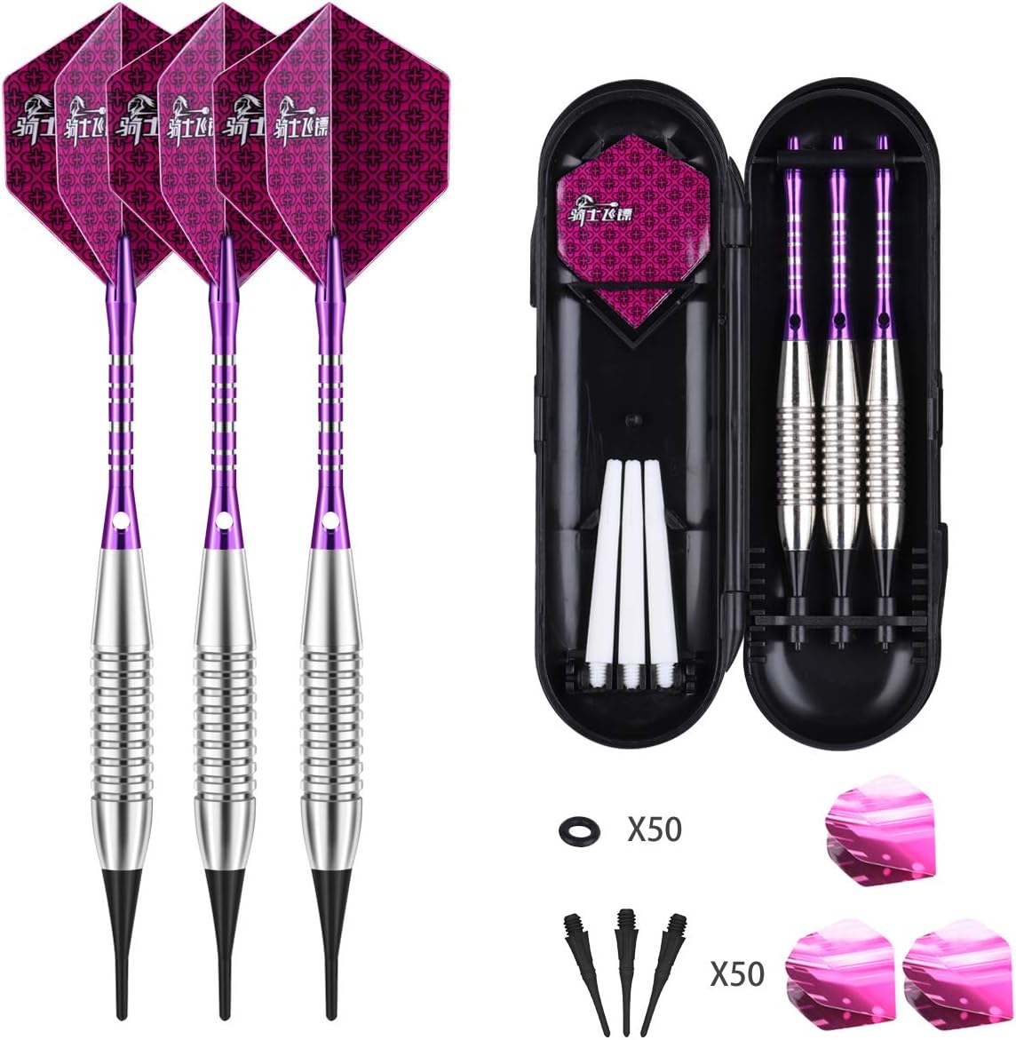 sanfeng Darts Plastic Tip Set - 18g Soft Tip Darts - Nickel Plated Silver Dart Barrel 16 Grams + 50 Anti-Loose O-Rings + 6 Shaft (Aluminum/Nylon 45mm) + 6 Flights + Extra 50 Soft Tips Electronic Dart