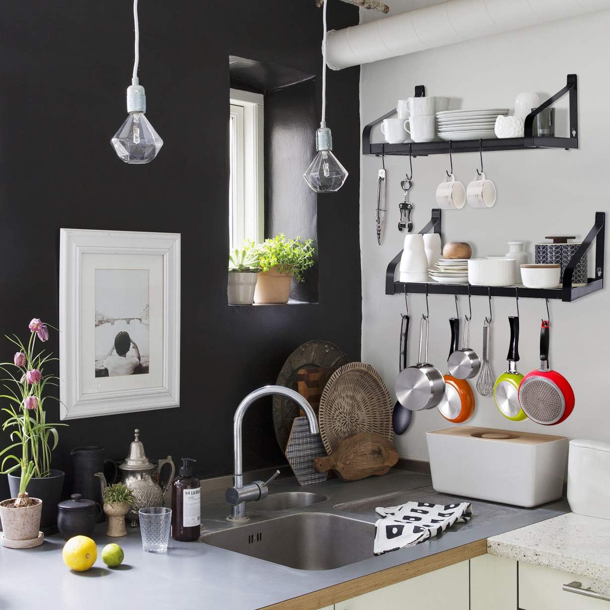 Love-KANKEI Pot Rack Wall Mounted Set of 2 Pan Pot Organizer Wall Shelves with 16 Hooks for Kitchen Cookware Utensils Organization Black: Home & Kitchen