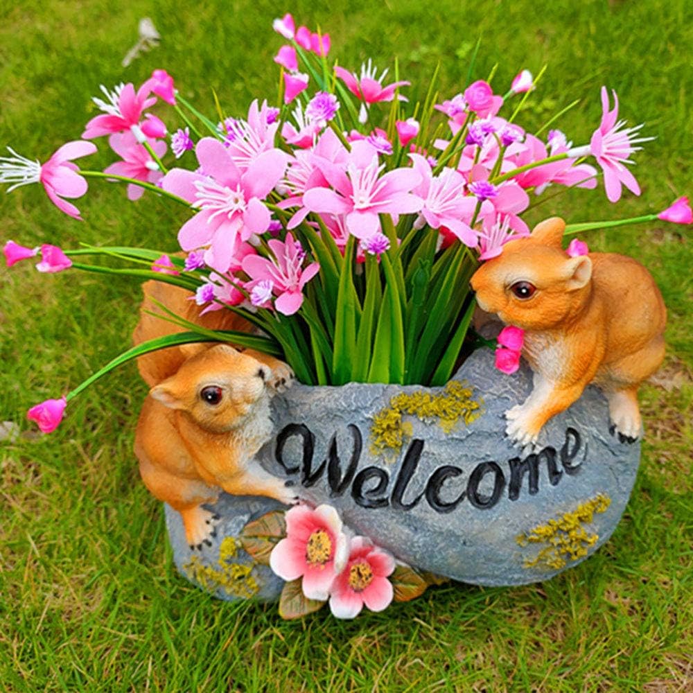 Feineshi Animal Resin Potted Flower Pots Landscape Ornaments Desktop Stores Balcony Garden Lifelike Decorative Planters Deer Squirrel Rabbit (Backyard Animals)