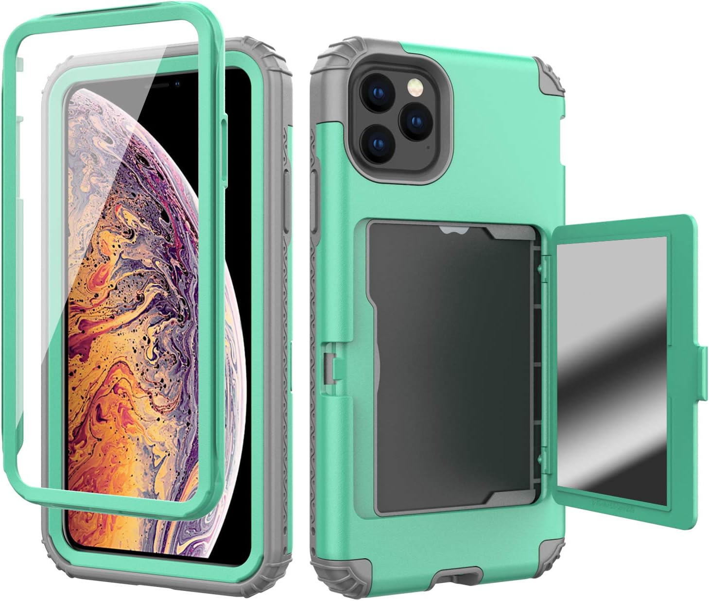 iPhone 11 Pro Max Case, AUSURE Defender Wallet Credit Card Holder Cover with Hidden Mirror 3 in 1 Shockproof Heavy Duty Protection All-Round Armor Protective Case for iPhone 11 Pro Max (Mint)