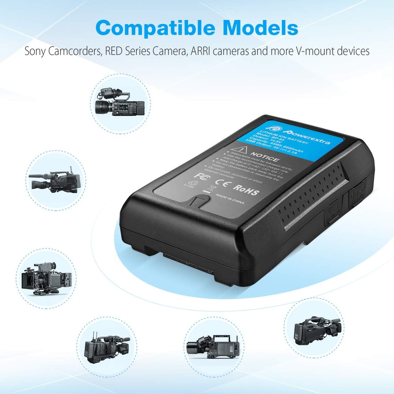 Powerextra 95Wh (6600mAh) V Mount/V-Lock Battery Compatible with Sony Camera Camcorder Broadcast Replacement Brick for DSLR: Home Audio & Theater