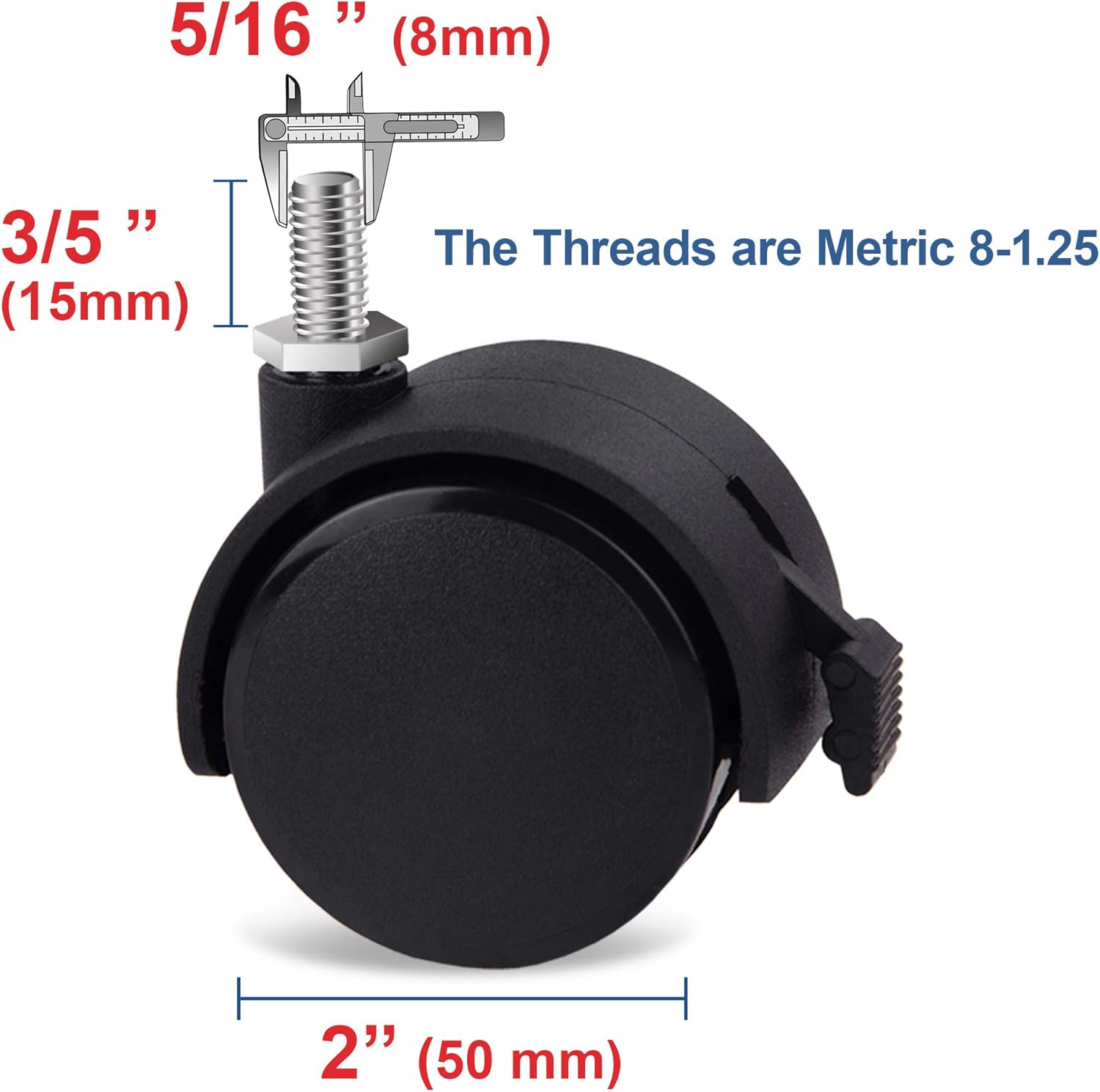 Guildrey Threaded Caster, 5/16 Inch Stem Diameter, M8 Swivel Stem for Replacement, Set of 4, Twin Caster Wheels with Locking Brake: Home Improvement