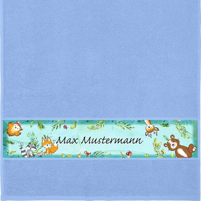 Manutextur Handtuch mit Namen - Motiv Kinder - Wald - viele Farben & Motive - personalisiert - hellblau - Größe 50x100 cm - p