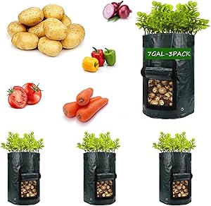 Potato-Grow-Bags,3 Pack 7 Gallon Garden Vegetable Planter with Handles&Access Flap for Vegetables,Tomato,Carrot, Onion,Fruits,Potatoes-Growing-Containers,Ventilated Plants Planting Bag