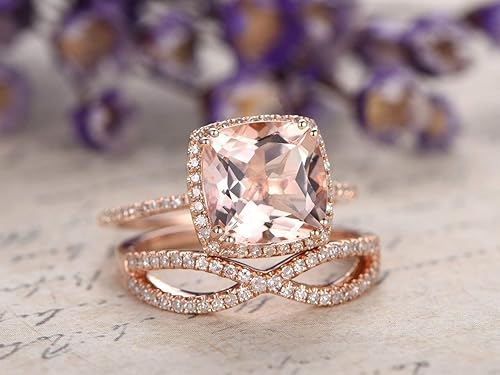Amazon Com 2pcs Morganite Bridal Ring Set 9x9mm Big Cushion Cut