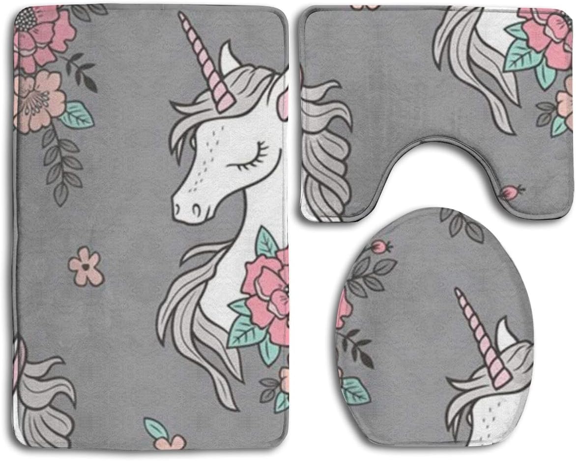 Amazon Com Happybeth Flower Unicorn Print Bathroom Rug Mats Set 3 Piece Non Slip Bath Rugs Toilet Seat Cover Contour Mat Home Kitchen