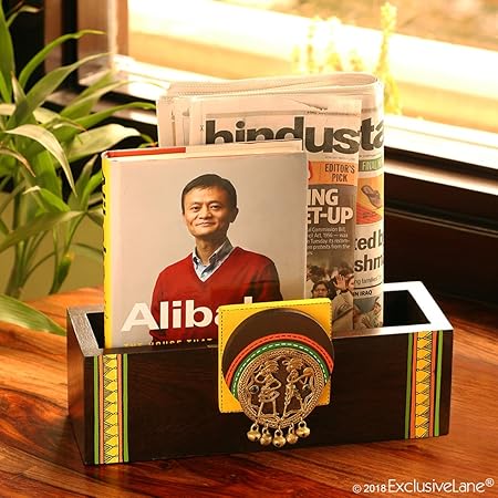 ExclusiveLane Teak Wood Home Decorative Wall Newspaper Organiser Stand Table Top Magazine Holder (Brown)