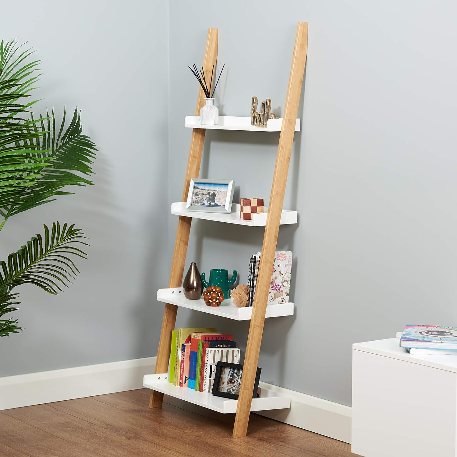 Hartleys White & Bamboo 4 Tier Ladder Shelf Home & Garden Store Bookcases