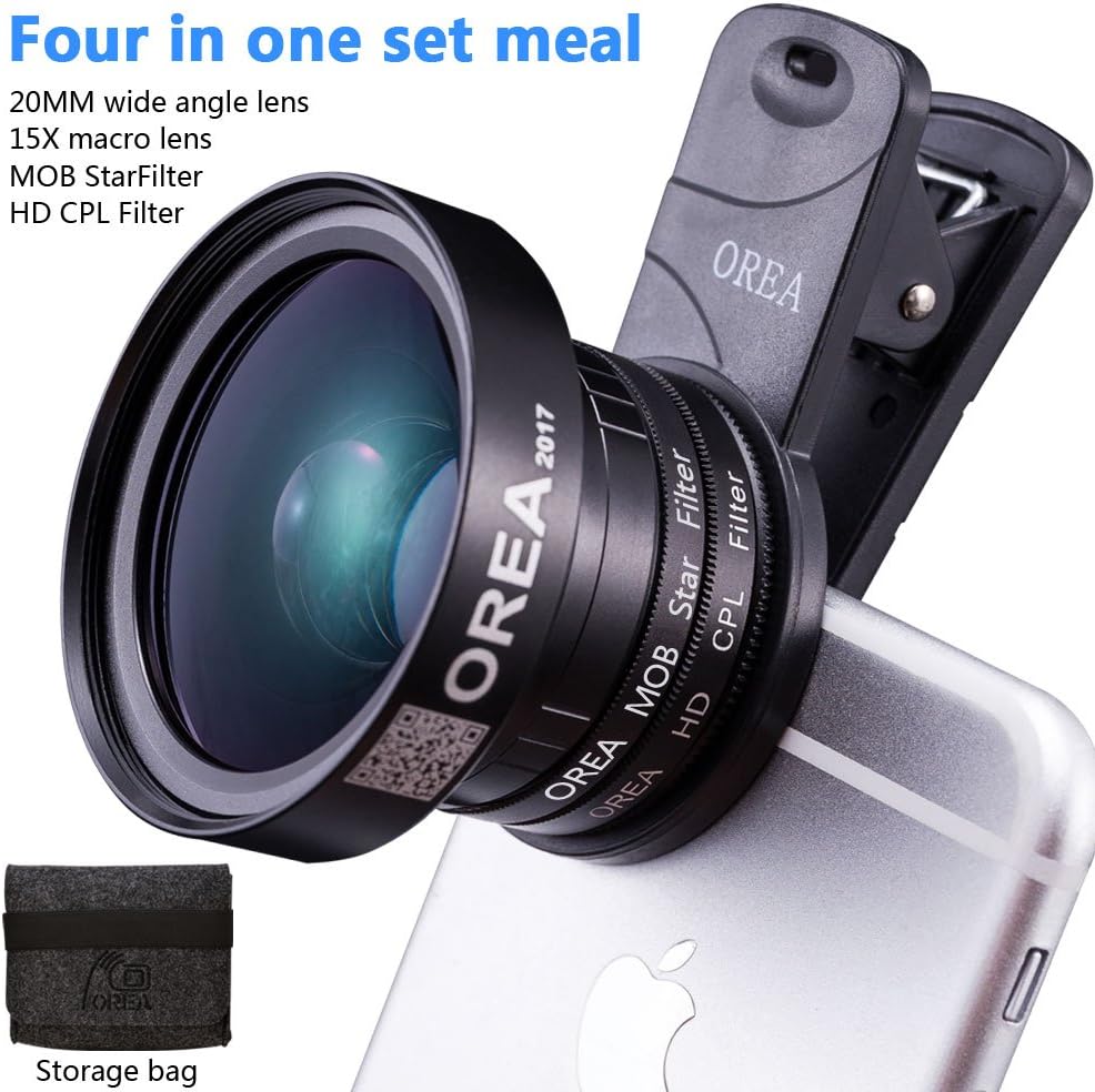 Phone Lens Kit for iPhone 7p 8p, Professional 20mm Wide Lens+15x Macro Lens Attach +37mm CPL Filter+37mm Star Filter+37mm Universal Clip+Storage Lens Bag for iPhone 7 7p 8 8p Samsung Galxry Pixel