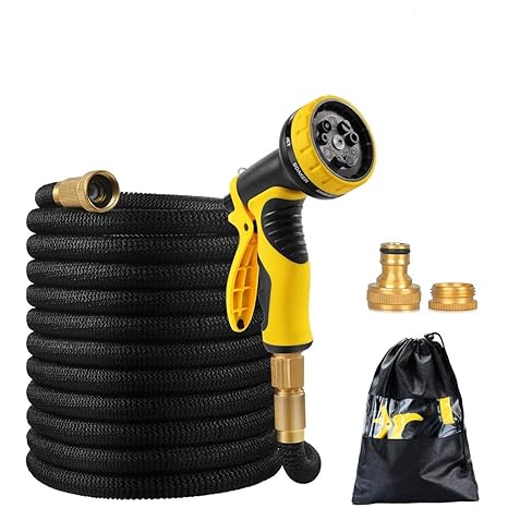 Tonskooners Neueste Flexibler gartenschlauch 15m / 50FT Wasserschlauch Set 9 Funktionen Sprühpistole massiven Messing Steckverbinder und Extra Stark Stoff Dehnbarer Wasserschlauch(15M)
