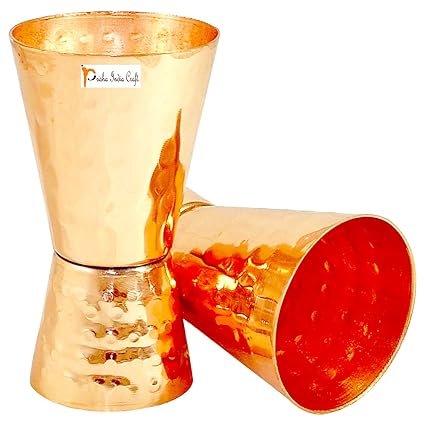 Prisha India Craft Hammered Design Pure Copper Jigger Double Sided Taquila Vodka Shot Peg Measurer, 60 ML and 30 ML, Set of 2