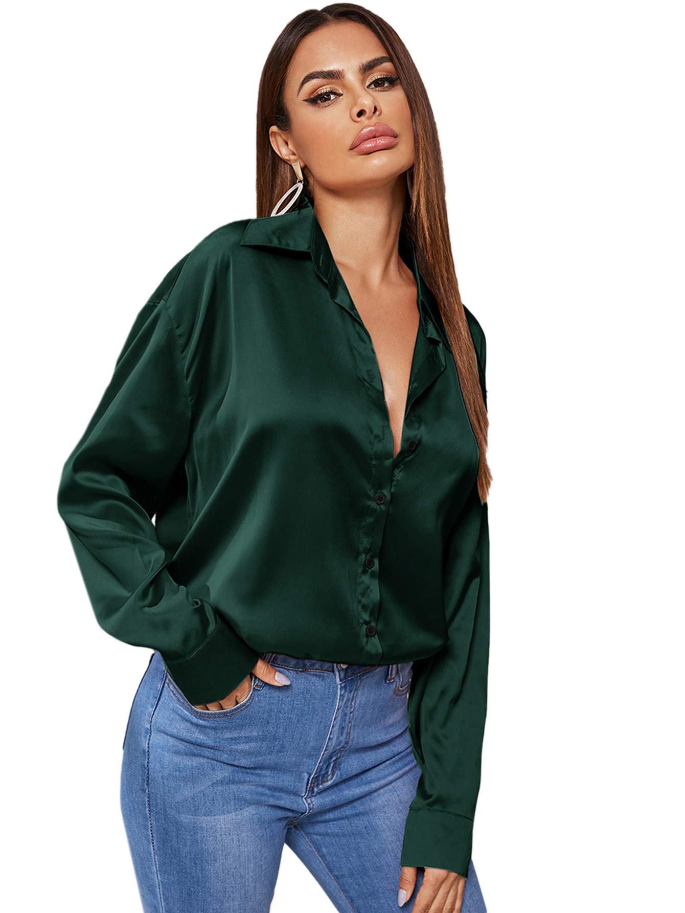 Women's Satin Silk Long Sleeve Blouse Button Down Shirt Casual Top